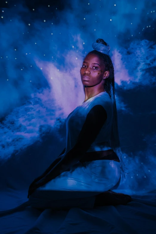 a woman sitting in the middle of a cloud filled sky, afrofuturism, standing with a black background, glowing blue, portrait photo of a backdrop, bathed in the the glow