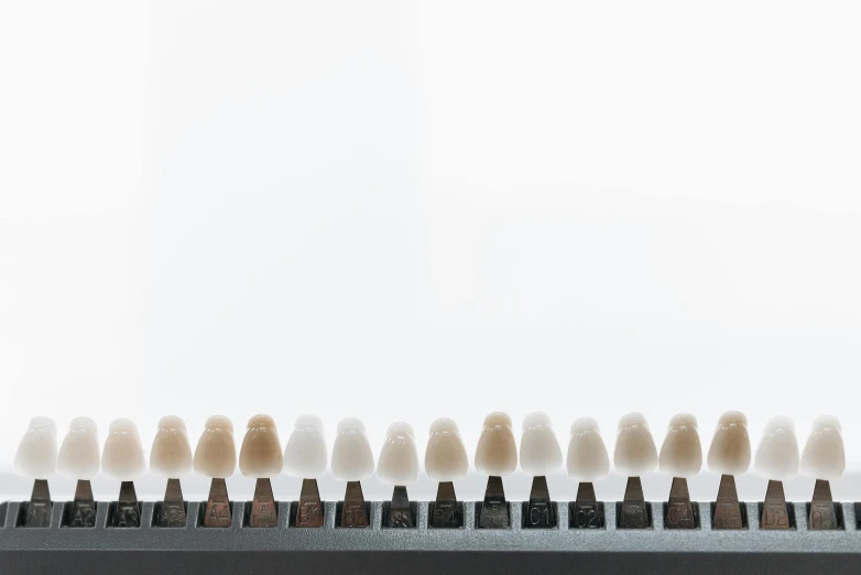 a row of toothbrushes sitting on top of a shelf, by Kristian Zahrtmann, synthetism, muted browns, many cryogenic pods, white and black color palette, high samples