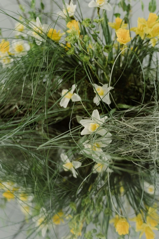 a bunch of flowers sitting on top of a table, an album cover, by Rainer Maria Latzke, land art, reflection in water, daffodils, wildflowers and grasses, grainy photograph