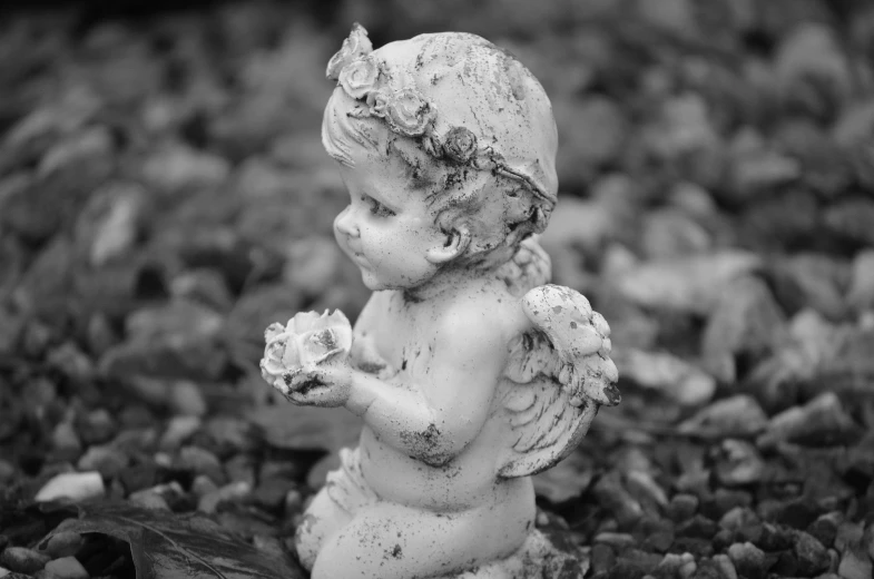 a small statue of an angel holding a flower, a statue, pixabay contest winner, concrete art, black and white vintage photo, occasional small rubble, cute decapodiformes, bashful expression