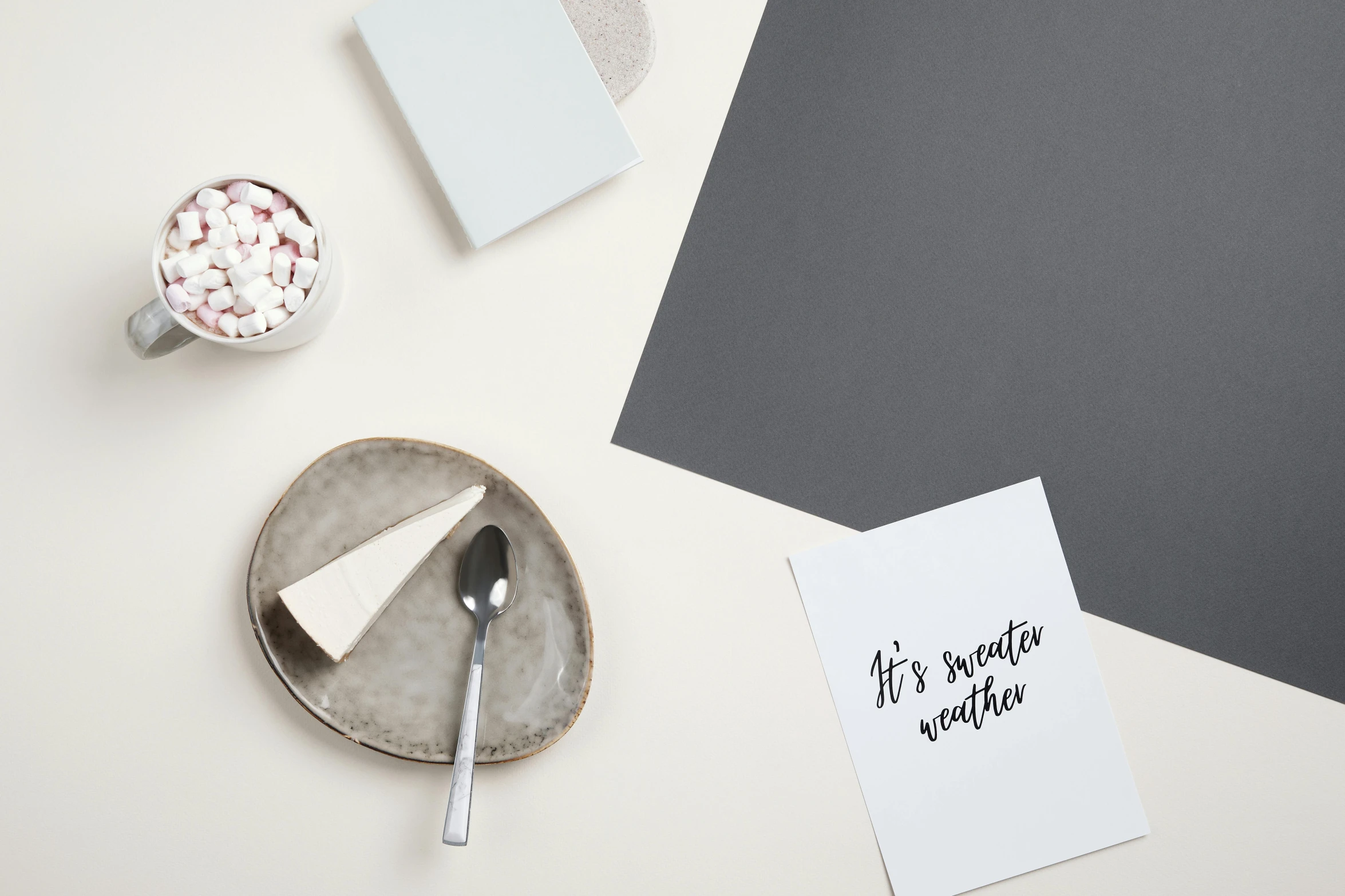 a white plate topped with a piece of cake next to a cup of hot chocolate, inspired by Louisa Matthíasdóttir, minimalism, cardstock, gunmetal grey, it's raining, trendy typography