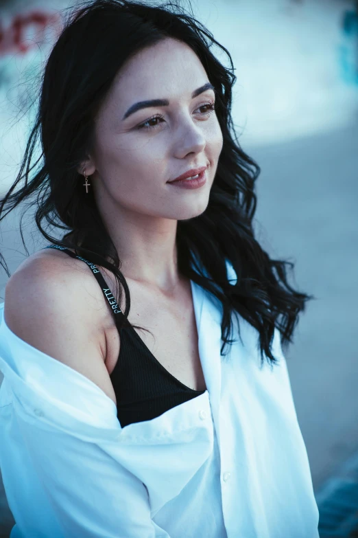 a woman with long black hair wearing a white shirt, trending on pexels, charli bowater and artgeem, morning lighting, fashionable, wearing jacket