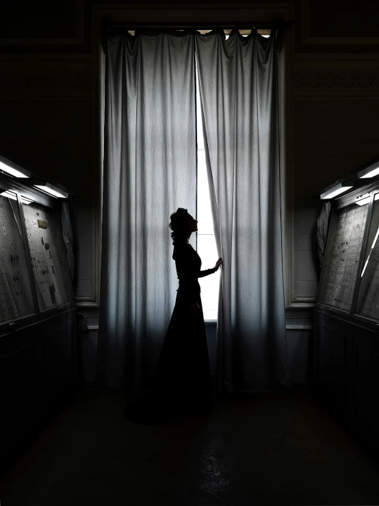 a woman standing in front of a window in a dark room, inspired by Romaine Brooks, pexels contest winner, in opulent library, silhouettes, wearing black old dress and hat, museum photograph