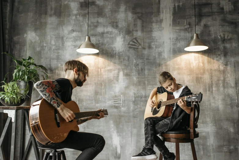 a couple of people that are playing guitar, by Lee Loughridge, pexels contest winner, fine art, two buddies sitting in a room, on a gray background, music notes, 15081959 21121991 01012000 4k