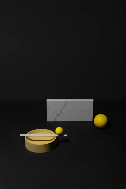 a wooden bowl sitting on top of a table, inspired by Bauhaus, conceptual art, lemon, marble material, chopsticks, colors: yellow