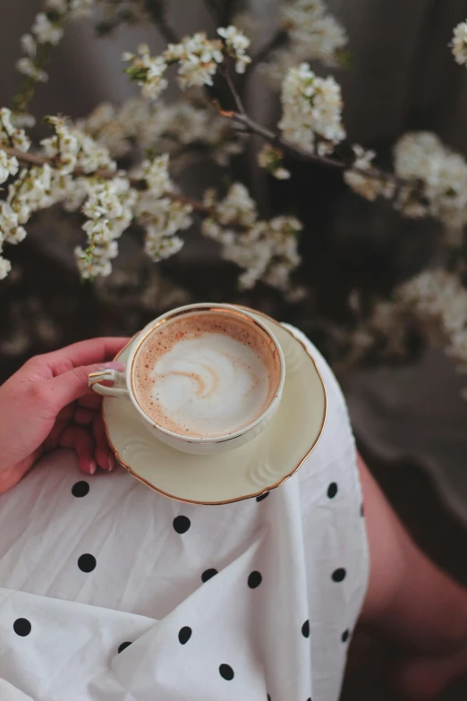 a woman in a polka dot dress holding a cup of coffee, by Lucia Peka, trending on unsplash, romanticism, blossoms, manuka, cappuccino, with a soft