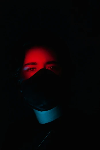 a person wearing a mask in the dark, an album cover, inspired by Elsa Bleda, unsplash, an evil catholic priest, xqc, red - eyed, isolate
