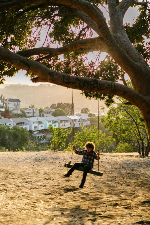 a person sitting on a swing under a tree, city on a hillside, beachwood treehouse, shot at golden hour, kids