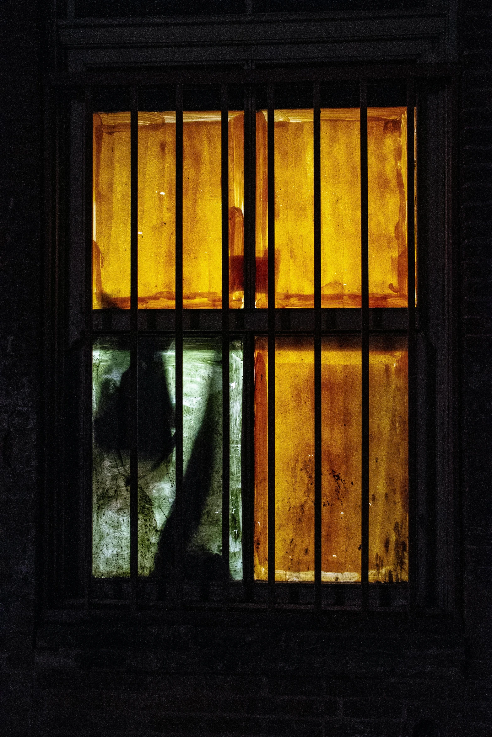 a cat that is looking out of a window, a silk screen, inspired by William Harnett, conceptual art, location [ chicago ( alley ) ], prison bars, dark golden light night, painted metal and glass