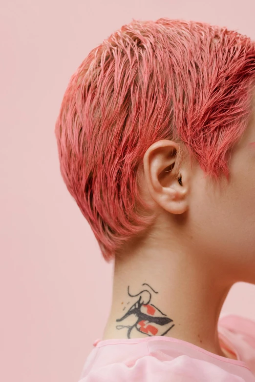 a woman with pink hair and a tattoo on her neck, inspired by Elsa Bleda, trending on pexels, hyperrealism, pixie cut, raspberry banana color, three quarter profile, high angle shot