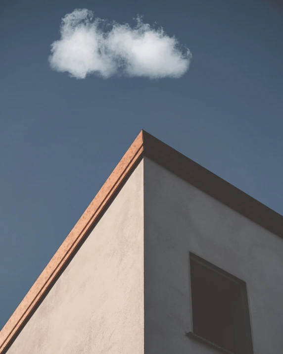 the top of a building with a small cloud in the sky, a minimalist painting, unsplash contest winner, plume made of geometry, trending photo, angled shot, fat cloud