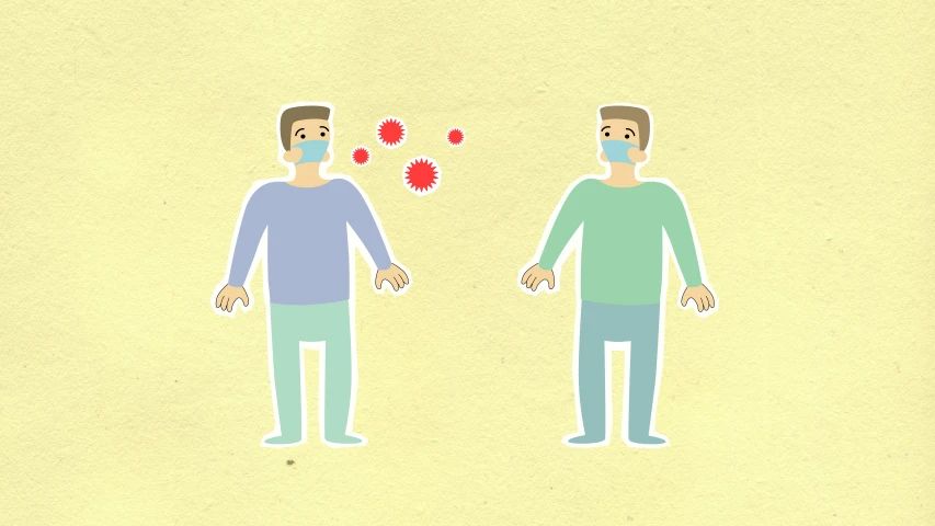 a couple of men standing next to each other, an illustration of, coronavirus, wikihow, body centered, air particles