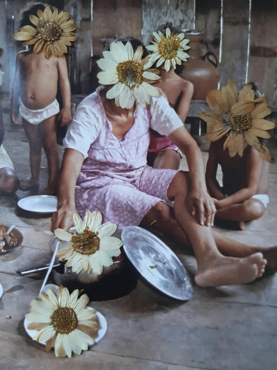 a woman sitting on the floor with a bunch of sunflowers on her head, hyperrealism, family dinner, alternate album cover, an indonesian family portrait, taken in the early 2020s