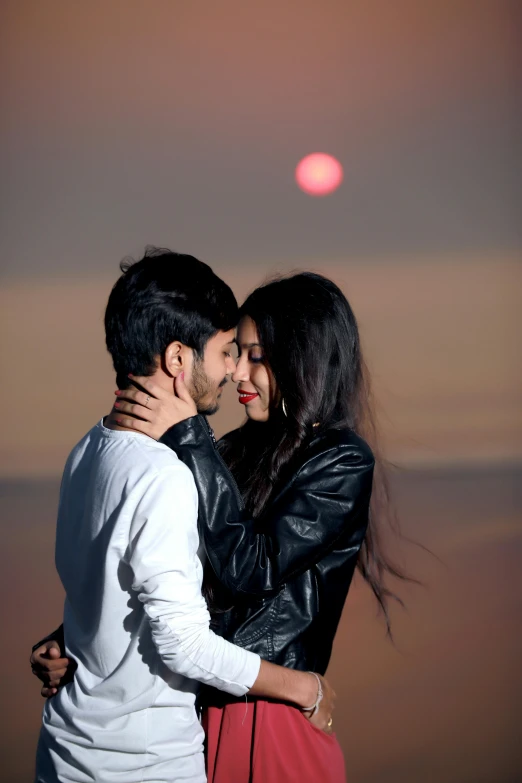 a man and a woman standing next to each other, a picture, pexels contest winner, romanticism, red sun in the background, 15081959 21121991 01012000 4k, making out, modelling