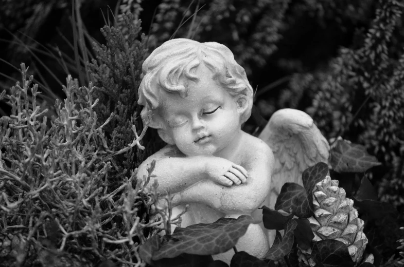 a black and white photo of a statue of an angel, inspired by Correggio, pixabay, with soft bushes, adorable, dead child, sweet dreams