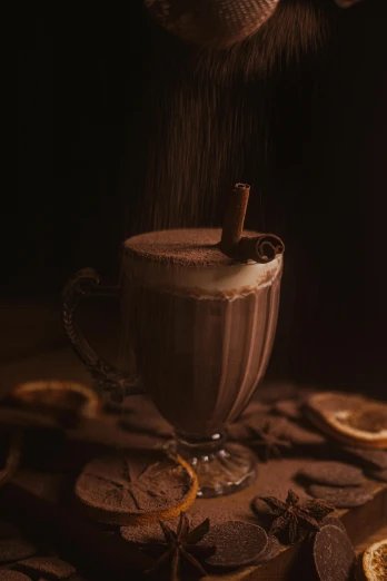 a cup of hot chocolate sitting on top of a table, dark and beige atmosphere, award winning food photography, thumbnail, mix