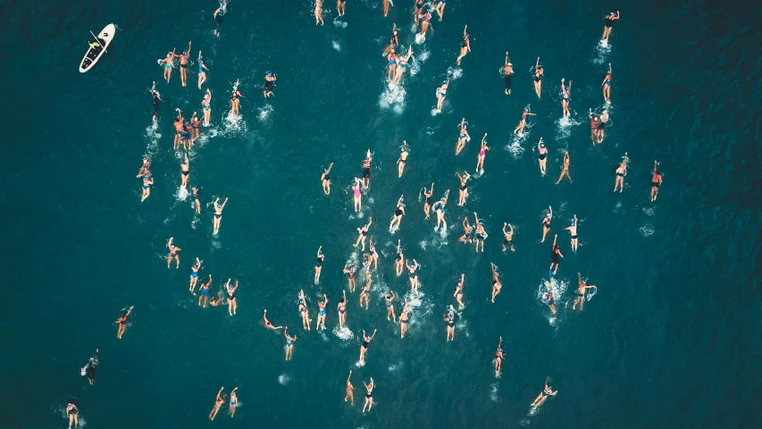 a large group of people swimming in the ocean, unsplash contest winner, figuration libre, neighborhood, sea of parfait, sydney hanson, thumbnail