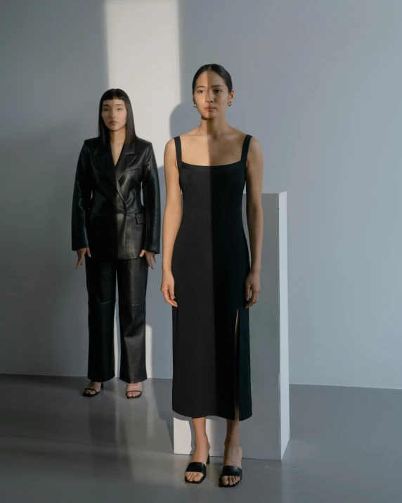 two women standing next to each other in a room, inspired by Wang Duo, wearing black dress, trending on dezeen, light and dark, square jaw-line