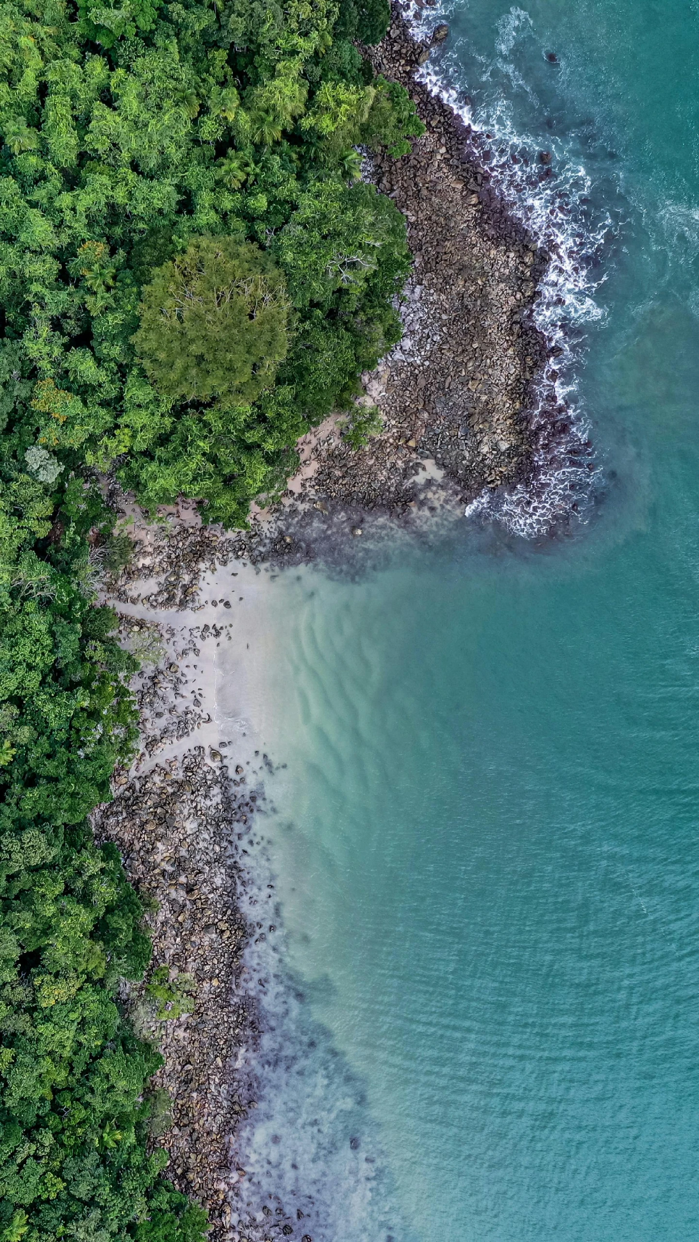 an aerial view of a body of water surrounded by trees, by Chris Rallis, pexels contest winner, sumatraism, rocky beach, beautiful composition 3 - d 4 k, green bikini, grey