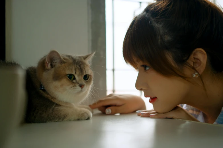 a woman looking at a cat on a table, by Jang Seung-eop, unsplash, photorealism, popular south korean makeup, with bangs, 8 k film still, tzuyu from twice