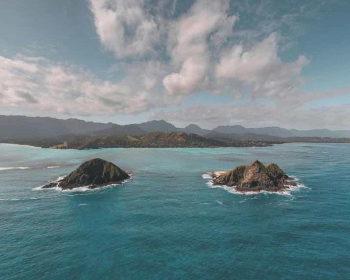 two small islands in the middle of the ocean, by Ryan Pancoast, unsplash contest winner, visual art, slightly tanned, hawaii, blue skies, brown and cyan color scheme