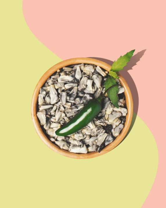 a bowl filled with a green pepper on top of a pink and yellow background, inspired by Ceferí Olivé, shark teeth, hen of the woods mushrooms, saguaro cacti, on a gray background