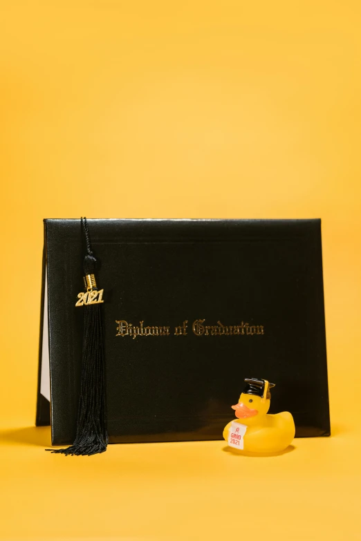 a book sitting on top of a table next to a rubber duck, graduation photo, detailed product image, black, 2021