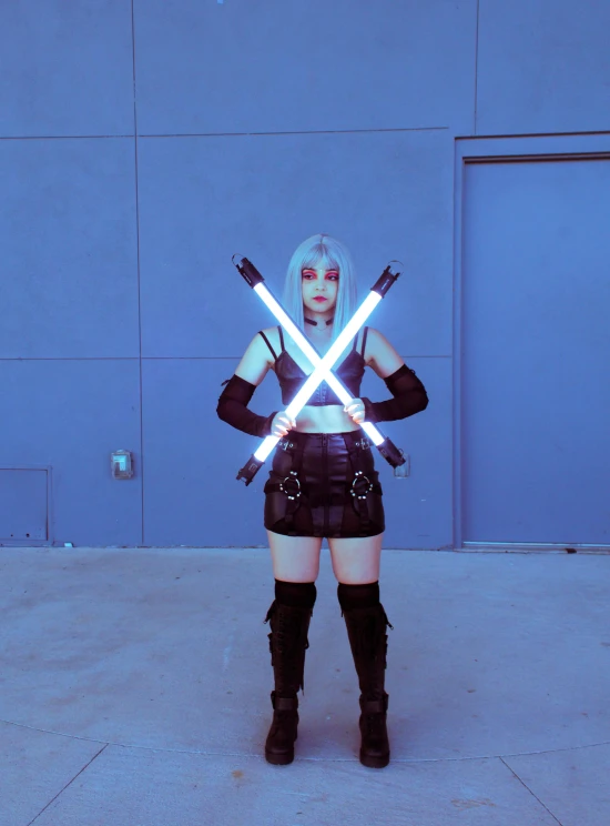 a woman in a cosplay outfit holding two swords, reddit, light and space, bleached strong lights, y2k”, star wars inspired, jinx from arcane