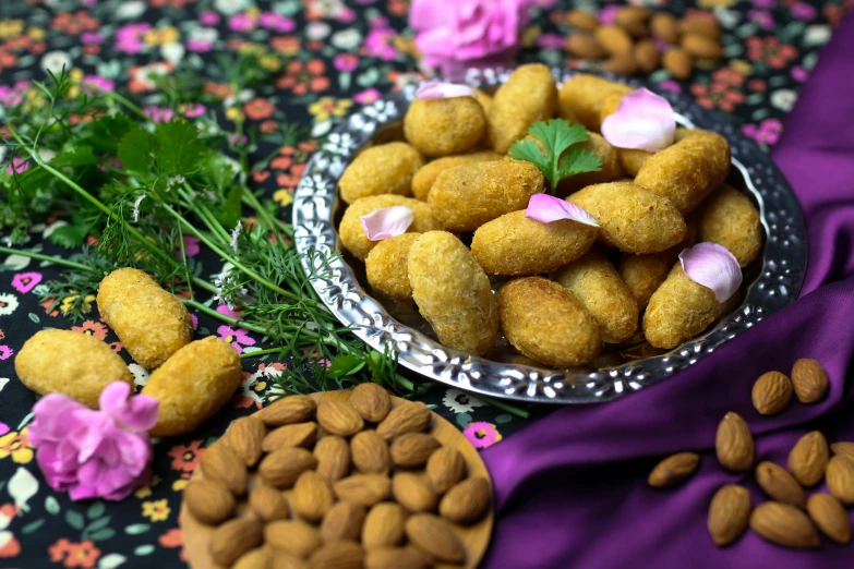 a close up of a plate of food on a table, almond blossom, jajaboonords flipjimtots, background image, middle eastern style vendors