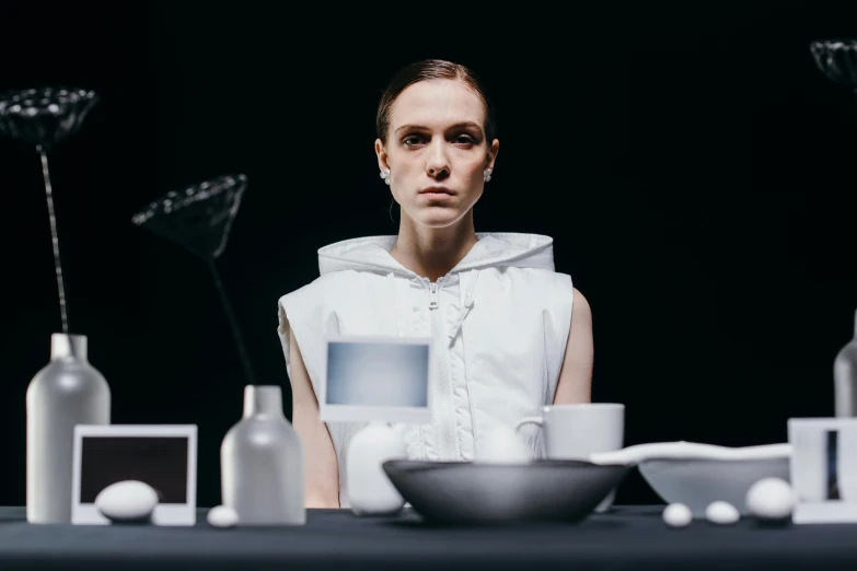 a woman sitting at a table in front of a bunch of bottles, inspired by Anna Füssli, unsplash, hyperrealism, wearing futuristic space gear, thin porcelain, bang olufsen, promotional image