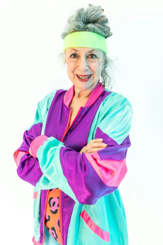 a woman in a colorful outfit posing for a picture, inspired by Betty Merken, wearing a baggy pajamas, headshot, fluo colors, ninjala