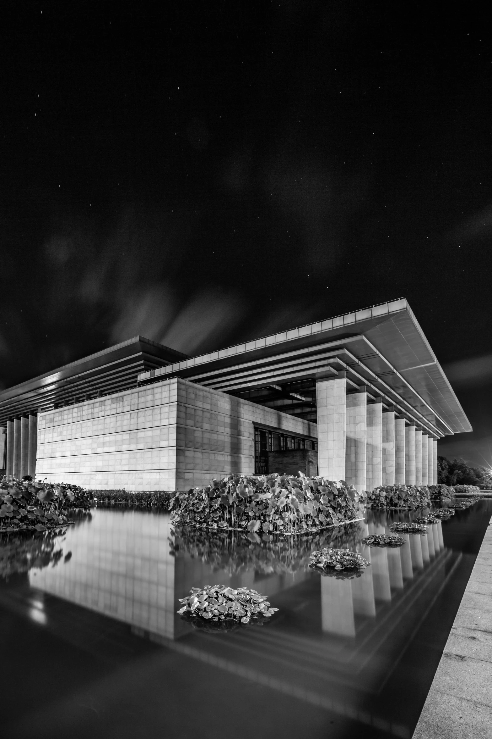 a black and white photo of a building, inspired by Tadao Ando, nightime long exposure, grand library, frank lloyd wright, beautiful futuristic new delhi