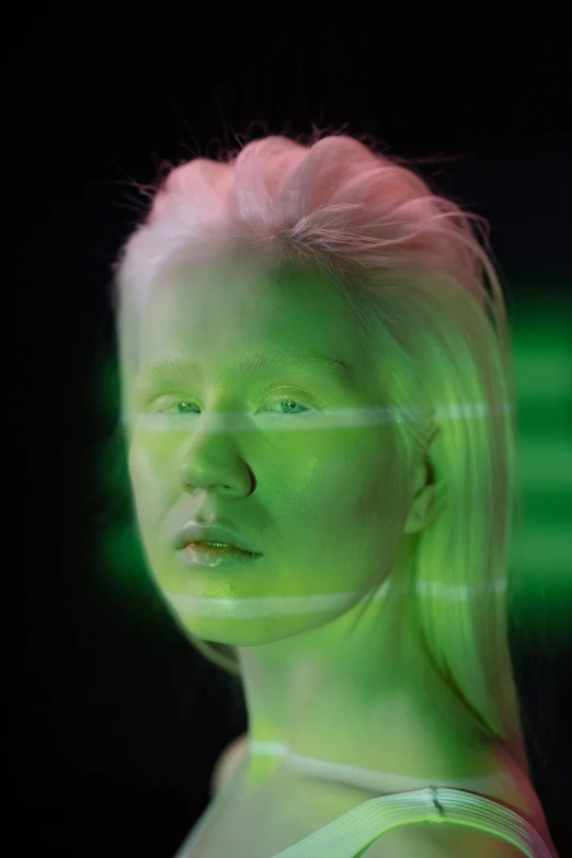 a woman with a green light on her face, a hologram, trending on zbrush central, holography, albino skin, eero aarnio, photo of a model, with a white complexion