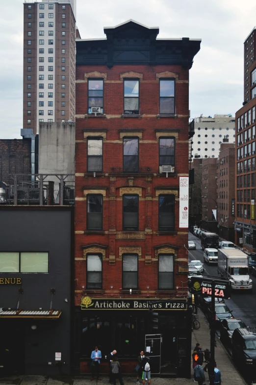 a group of people walking down a street next to tall buildings, a photo, inspired by Richard Estes, photorealism, pizza is everywhere, ignant, tenement buildings, 278122496