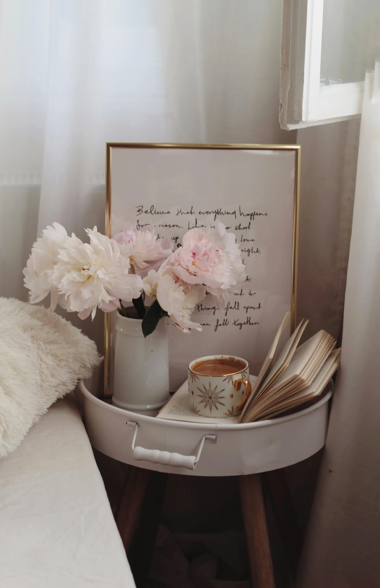 a bed room with a neatly made bed, a picture, by Sydney Carline, romanticism, flowers and gold, calligraphy, low quality photo, for displaying recipes