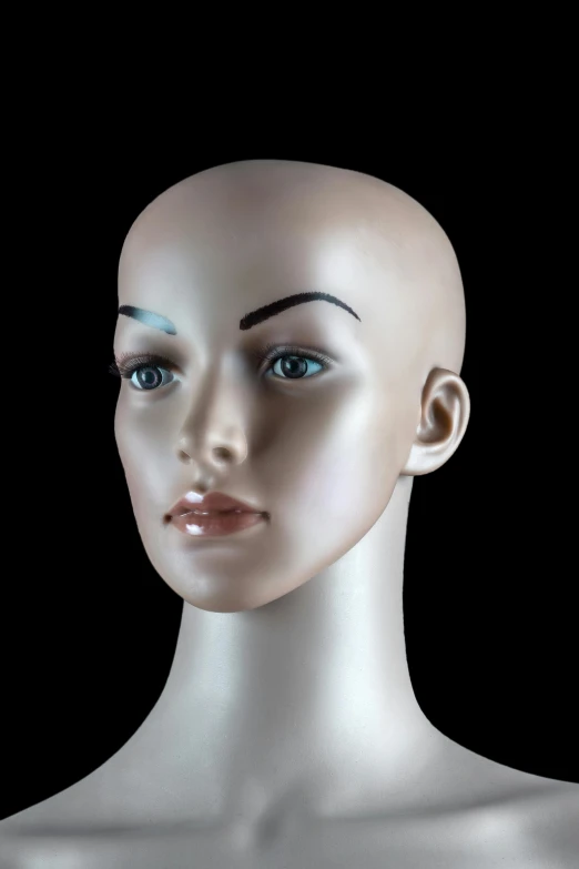 a female mannequin head against a black background, high flat eyebrows, female lead character, one raised eyebrow, full size persona