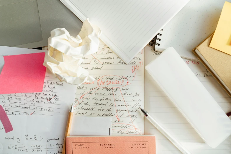 a pile of papers sitting on top of a desk, a still life, by Carey Morris, trending on unsplash, analytical art, found scribbled in a notebook, 9 9 designs, whiteboards, romantic lead