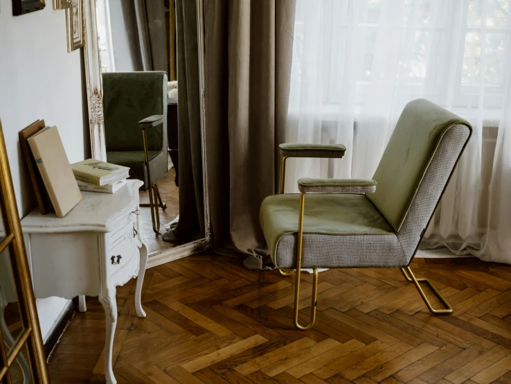 a chair sitting in a living room next to a window, inspired by Constantin Hansen, pexels contest winner, baroque, herringbone floor, gold and green, angelina stroganova, zdzislaw bekinski