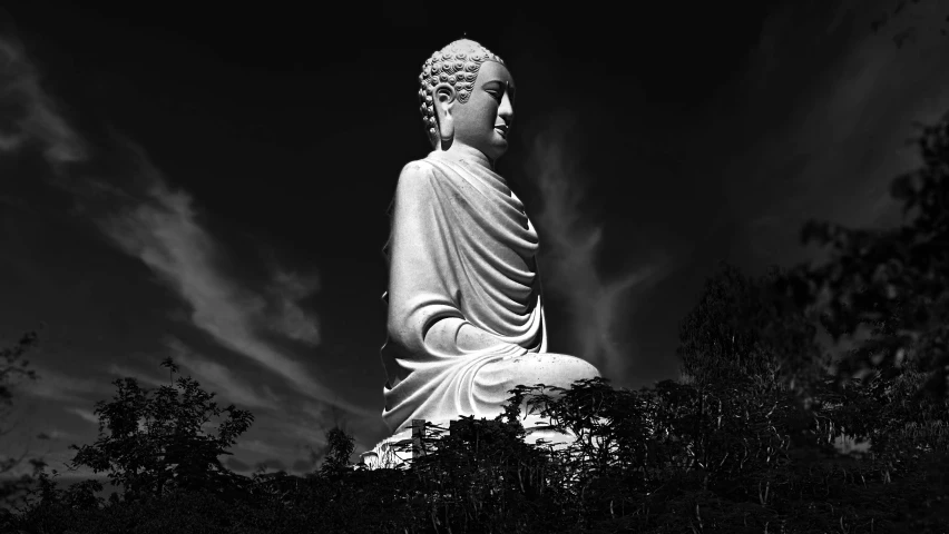 a black and white photo of a buddha statue, a statue, by Jan Rustem, dressed a long white, low angle facing sky, beautiful surroundings, shan shui