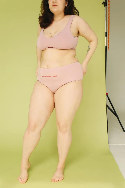 a woman in a pink bikini posing for a picture, inspired by Vanessa Beecroft, unsplash, obese, low quality photo, cutout, color image