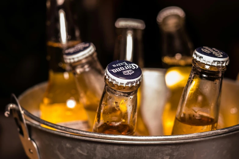 a bucket full of beer bottles sitting on top of a table, pexels, award - winning crisp details ”, caulfield, sprite, thumbnail