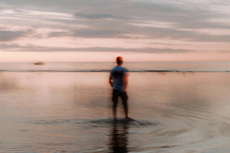 a man standing in the middle of a body of water, fading into the distance, colour corrected, a wandering mind, stable diffusion ai as a human