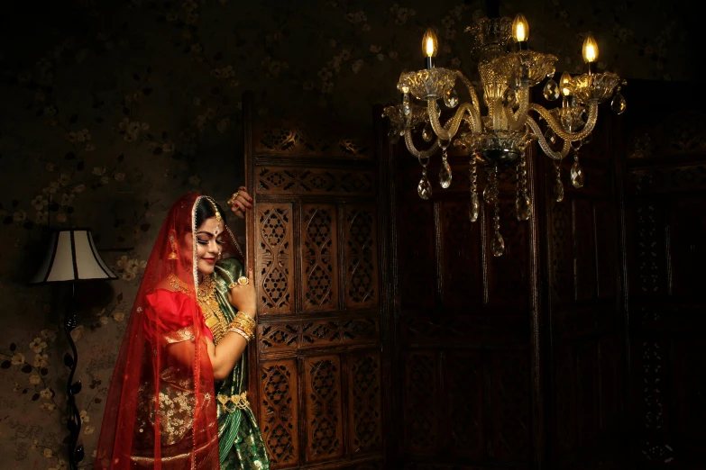 a woman in a red and green dress standing in front of a chandelier, inspired by Raja Ravi Varma, pexels contest winner, hurufiyya, bride, bangladesh, dynamic scene, wearing traditional garb