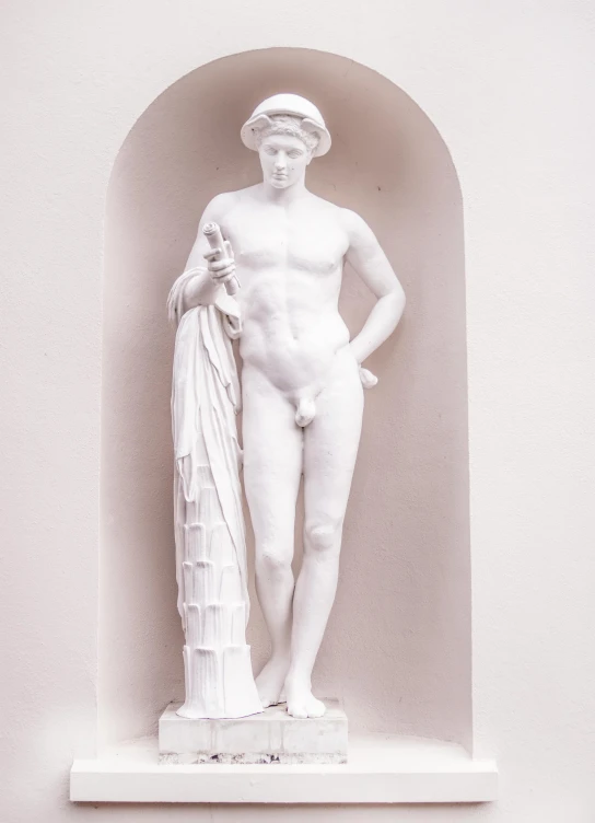 a statue of a man holding a towel, a statue, inspired by Antonio Canova, white panels, with high detail, promo image, white wall complex