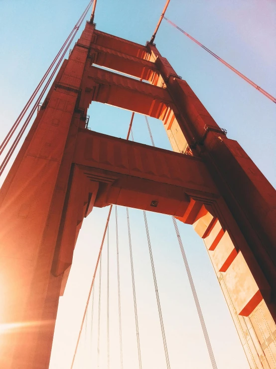 the golden gate bridge in san francisco, california, pexels contest winner, hypermodernism, camera angle from below, profile image, 🚿🗝📝, golden hour closeup photo