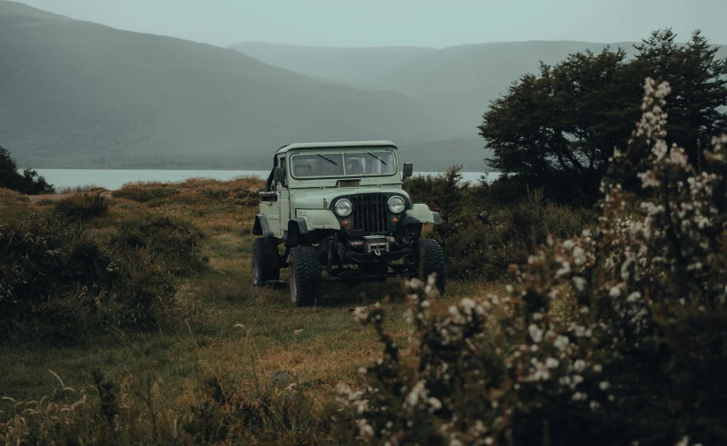 a truck that is sitting in the grass, pexels contest winner, 1 9 5 0 s scrambler, patagonian, muted green, background image