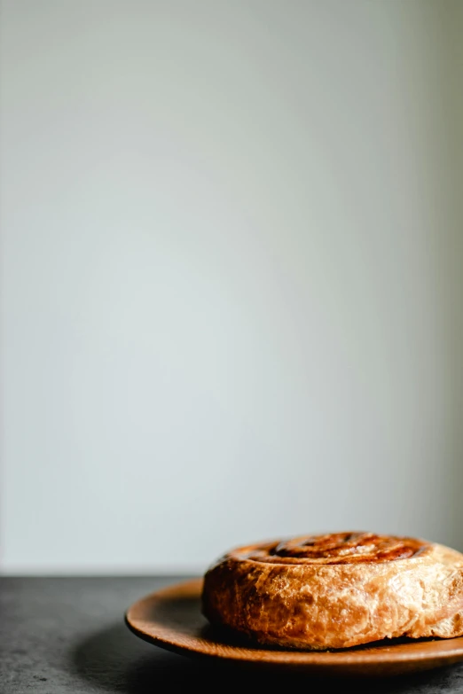 a cinnamon bun on a plate on a table, a picture, unsplash, leftover meat pie, portrait n - 9, back lit, minimalist photorealist