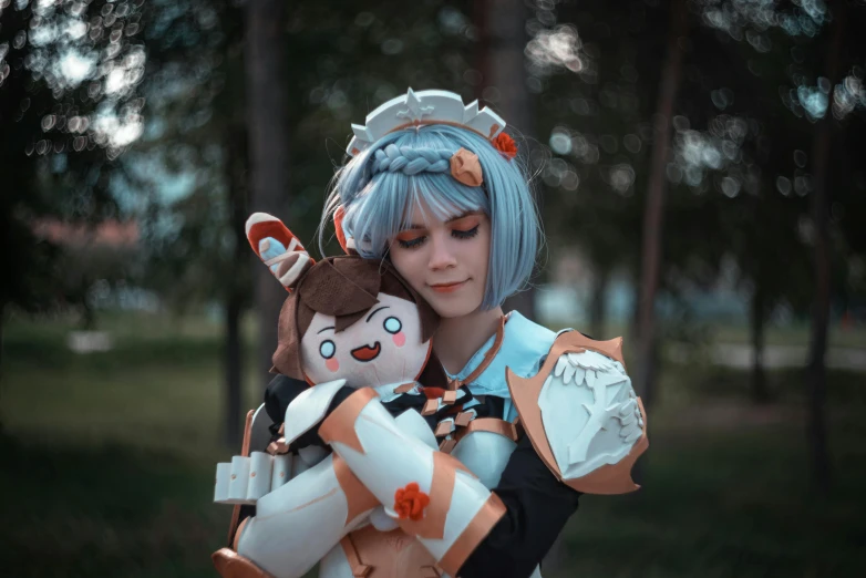 a woman with blue hair holding a stuffed animal, inspired by Leng Mei, white and orange breastplate, professional cosplay, perfect android girl family, pokimane