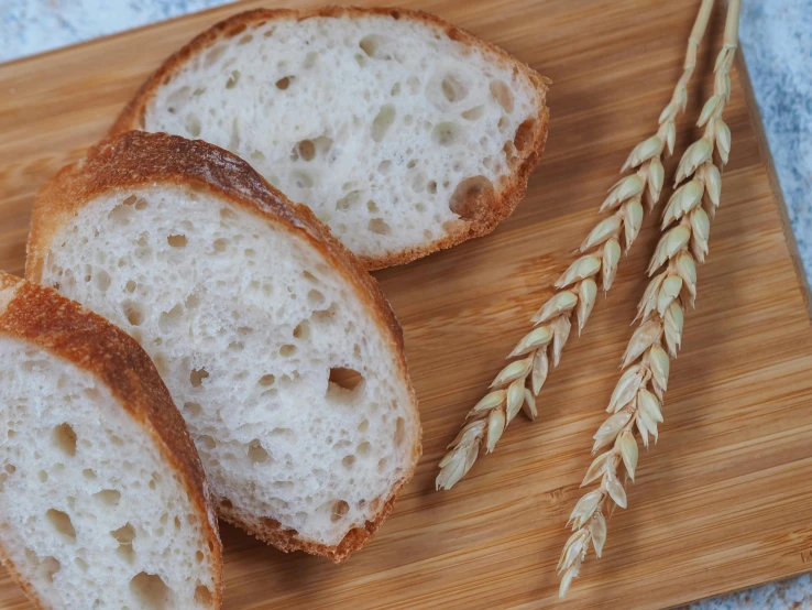 a couple of slices of bread sitting on top of a cutting board, by Robbie Trevino, pexels, renaissance, background image, covered in white flour, crispy buns, thumbnail