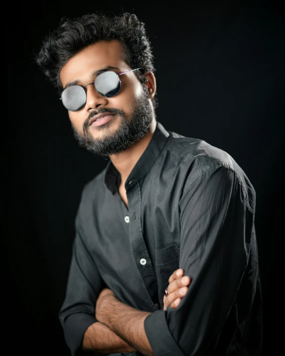 a man wearing sunglasses and a black shirt, a character portrait, by Max Dauthendey, unsplash, hurufiyya, jayison devadas, lgbtq, studio picture, very very low quality picture